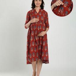 CRAFIQA Three Fourth Sleeves Floral Printed Maternity Dress With Concealed Zipper Nursing Access - Maroon-image-16