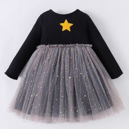 Kookie Kids Full Sleeves Party Frock With Star Print & Sequin Detailing - Black-image-12