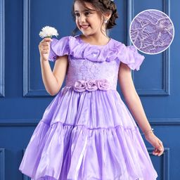 Mark & Mia Cold Shoulder Sleeves Tiered Party Frock with Floral Embroidery & Applique - Lilac-image-8