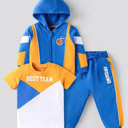 Babyhug Terry Knit Full Sleeves Cut & Sew Text Printed Hooded Sweatjacket T-Shirt & Joggers Set - Blue White & Yellow-image-19
