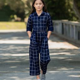 Naughty Ninos Rayon Full Sleeves Checked Jumpsuit - Navy Blue-image-14