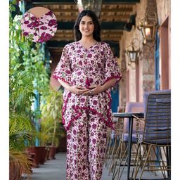 Aujjessa Cotton Batwing Sleeves Floral Printed & Lace Embellished Maternity Feeding Night Suit with Concealed Zipper Nursing Access  Pink Magenta-image-3