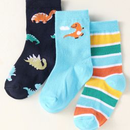 Cute Walk by Babyhug Knit Ankle Length Socks With Dino Design Pack of 3 - Light Blue & Black-image-51