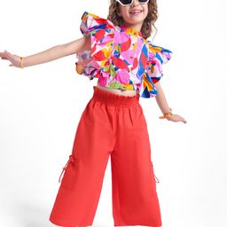 Ollington St. Poplin Flutter Sleeves Printed Mandarin Collar Top & Woven Culotte Pant - Pink & Red-image-54