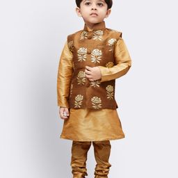 Vastramay Full Sleeves Solid Coordinating Kurta & Pyjama With Rose Motif Designed Nehru Jacket Set - Brown & Gold-image-7
