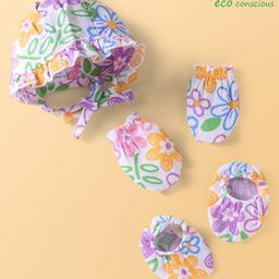 Babyoye 100% Organic Muslin Woven Cap Mitten & Booties Set with Floral Print White - Diameter 9.5 cm-image-75