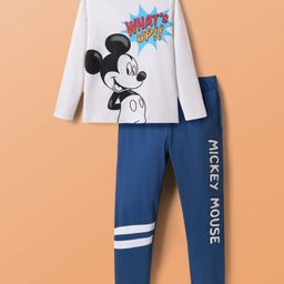 Pine Kids Disney Single Jersey Knit Full Sleeves Nightsuit With Mickey Mouse Graphic - White & Navy Blue-image-64