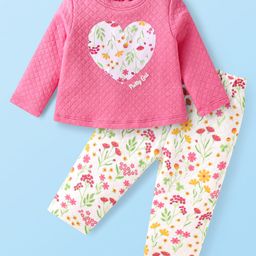 Babyhug Knit Full Sleeves Quilted Top & Lounge Pant Set With Floral Print & Heart Patch - Dark Pink & White-image-12