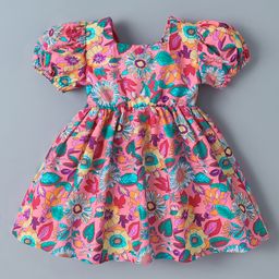 Mark & Mia Half Puffed Sleeves Frock with Floral Print - Pink & Yellow-image-36