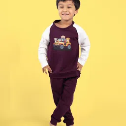 Orange Sugar Cotton Full Raglan Sleeves Jeep & Animals Printed Sweatshirt Joggers Set - Wine-picture-49