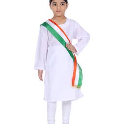 Itsmycostume Cotton Blend Republic Day Theme Full Sleeves Kurta Churidar With Tri Colour Stole Costume Set - White-image-3