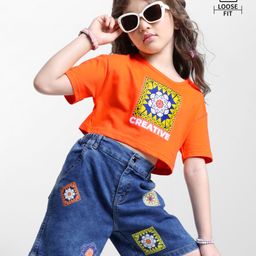 Ollington St. Sinker Knit Half Sleeves Drop Shoulder Top & Denim Shorts with Floral Print -Orange & Blue-image-77