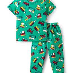 Babyhug Cotton Knit Half Sleeves Night Suit With Vehicle Print - Green-image-29