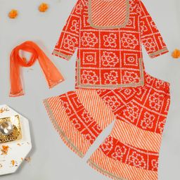 Little Ginnie Cotton Full Sleeves Bandhani Designed & Lace Embellished Kurta With Coordinating Sharara & Dupatta Set - Orange-image-3