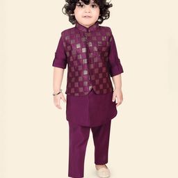 little desi Silk Woven Full Sleeves Solid Kurta Pyjama With Check Sequins Embellished & Threadwork Embroidered Jacket Set - Wine-image-98