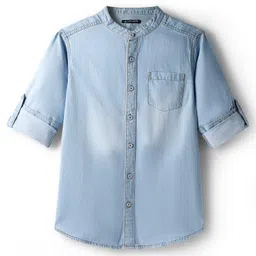 Pine Kids Denim Woven Manderin Collar Washed Full Sleeves Shirt - Light Blue-picture-18