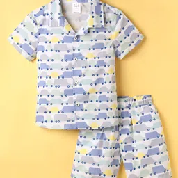 Simply Premium Poplin Woven Half Sleeves Co-Ord Shorts Night Suit with Car Print - Multicolor-picture-30