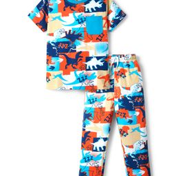 Pine Kids Single Jersey Knit Half Sleeves Co-ords Night Suit with Dino Print - White-image-84