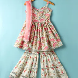 Teentaare Cotton Woven Sleeveless Floral Printed Kurti Gharara Set with Dupatta & Lace Detailing - Multicolor-picture-29