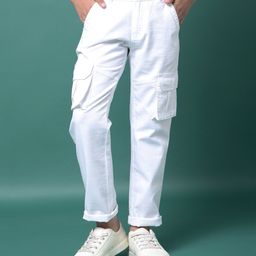 CRIMSOUNE CLUB Cotton Woven Solid Cargo Trousers - White-image-53