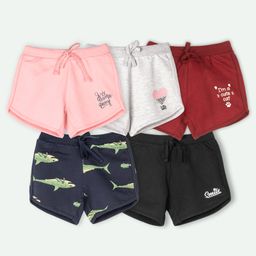 Ariel Cotton Knit Pack Of 5 Sharks & Typography Printed Shorts - Pink Grey Maroon Navy Blue & Black-image-58