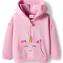 Babyhug Cotton Knit Full Drop Shoulder Sleeves Hooded Sweatshirt with Kangaroo Pocket & Unicorn Graphics - Pink-picture-7