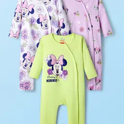 Babyhug Disney Interlock Knit Full Sleeves Rompers With Minnie Mouse Graphics Pack of 3 - Light Green & Pink-picture-4
