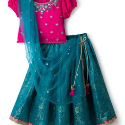 Babyhug Brocade Woven Half Puffed Sleeves Choli Lehenga & Dupatta Set with Floral Embroidery - Pink & Teal Blue-picture-44