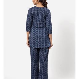 CRAFIQA Cotton Three Fourth Sleeves Abstract Printed Maternity Night Suit With Concealed Zipper Nursing Access - Indigo Blue image 3