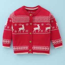 ToffyHouse Cotton Knitted Full Sleeves Front Open Sweater Set With Cap Animals & Argyle Design - Red image 2
