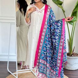 TRAHIMAM Women Ethnic Motifs Embroidered Pure Cotton Kurta with Trousers & Dupatta-picture-35