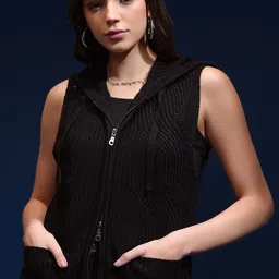 Tokyo Talkies Women Cable Knit Sleeveless Cardigan with Zip Detail-image-38