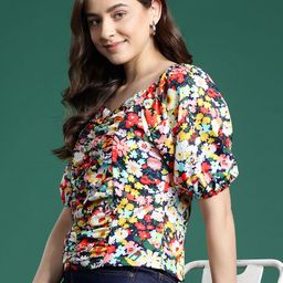 DressBerry Floral Print Sweetheart Neck Ruched Top-image-7