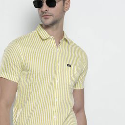 The Indian Garage Co Men Yellow Comfort Striped Cotton Casual Shirt-picture-32