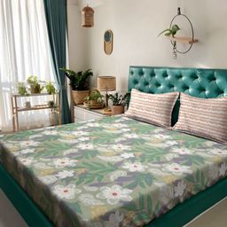 Myntra Elegant Homes Green & White Floral 300 TC King Bedsheet with 2 Pillow Covers-image-32