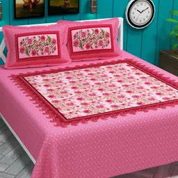 VAS COLLECTIONS Block Printed Pink Floral Cotton 220 TC Double Bedsheet Set-2.54x2.28m-picture-41
