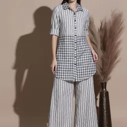 FFU Striped Shirt Collar Pure Cotton Tunic With Trousers-image-34
