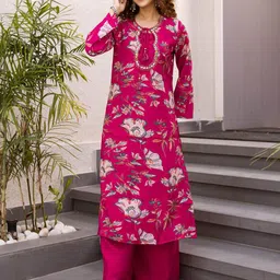 KALINI Floral Printed Mirror Work Tie-Up Neck Straight Kurta With Palazzos-picture-55