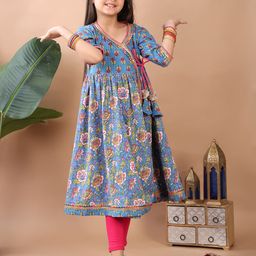 Here&Now X Kinder Kids Girls Floral Printed Angrakha Pure Cotton Kurti-picture-38