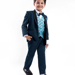 Babyhug Full Sleeves 4 Pieces Party Suit With Bow - Blue-image-82