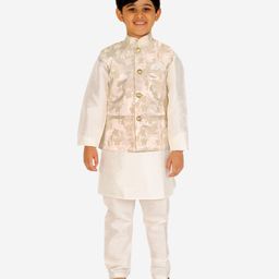 P-Mark Full Sleeves Solid Kurta & Pyjama With Vintage Floral Swirl Design Detailed Jacket - Cream-image-16