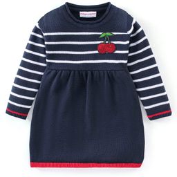 Babyhug Cotton Knit Full Sleeves Striped Woolen Dress - Navy Blue-image-37