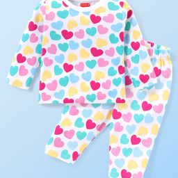 Babyhug Cotton Interlock Full Sleeves Night Suit Hearts Print - Pink-image-92