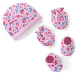 Babyhug 100% Cotton Knit Cap Mittens & Booties Set Floral Print- Pink-image-88