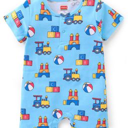 Babyhug 100% Cotton Knit Interlock Half Sleeves Romper With Train Print - Blue-image-107