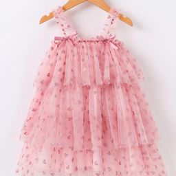 Kookie Kids Sleeveless Layered Party Frock with Glitter Heart Print Bow Applique - Pink-image-26