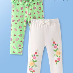 Babyoye Cotton Full Length Legging With Floral Print & Bow Applique Pack of 2 - Green & White-image-29