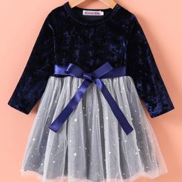 Kookie Kids Full Sleeves Star Foil Printed Front Tie  Up Frock - Navy Blue-image-14