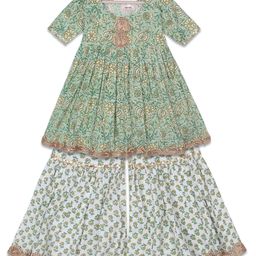 AATYA KIIDS Flower Printed & Gota Lace Embellished Sharara Set - Green & White-image-5
