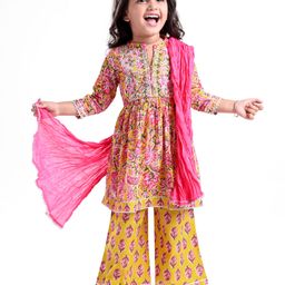 Babyhug Cotton Woven Three Fourth Sleeves Floral Printed Kurti with Palazzo & Dupatta Set - Mustard & Pink-image-56